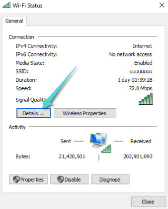 عرض تفاصيل حالة الاتصال للكمبيوتر لمعرفة عنوان Mac
