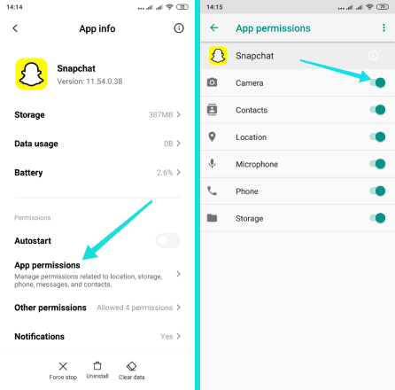 التحقق من أذونات الكاميرا لتطبيق سناب شات