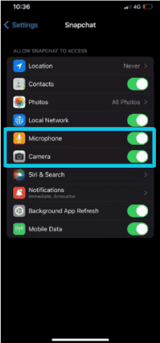التحقق من صلاحيات سناب شات على الايفون