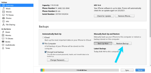 استعادة بيانات الايفون عبر iTunes