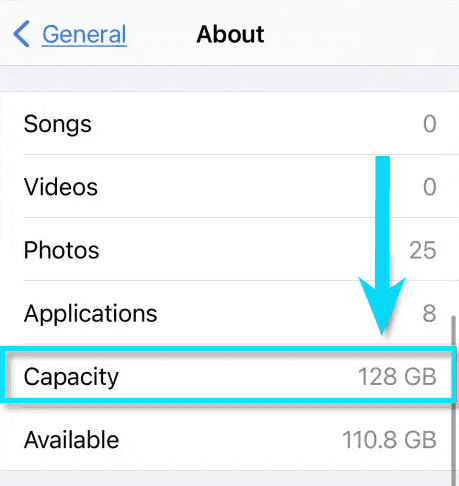 معرفة حجم التخزين في الايفون