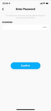 إدخال كلمة المرور لتأكيد تغيير إسم المستخدم في Snapchat